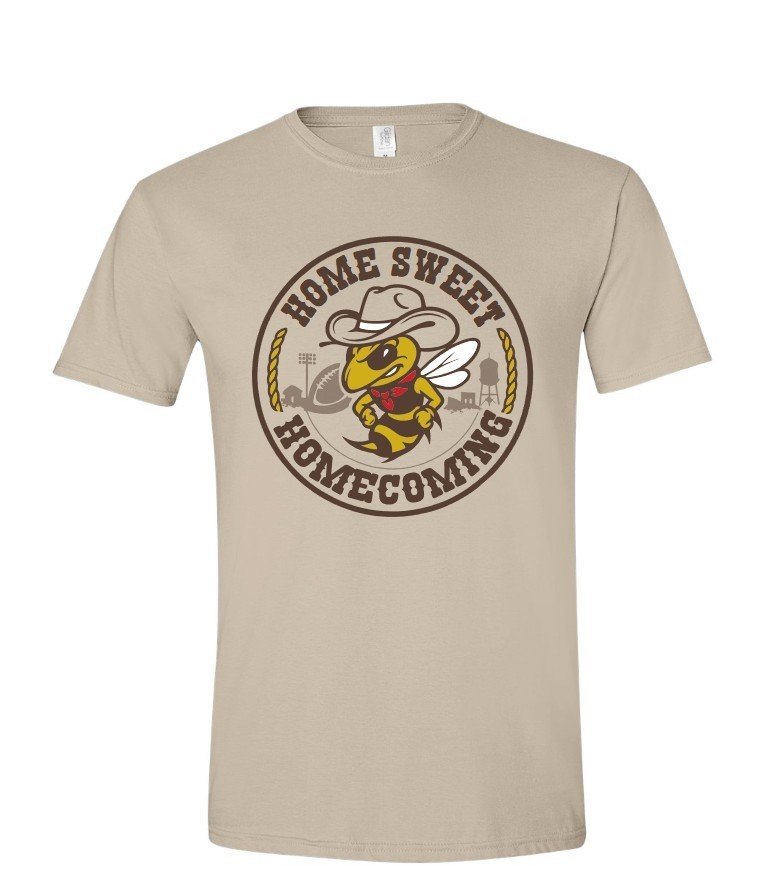 tan tshirt with a yellowjacket on it.