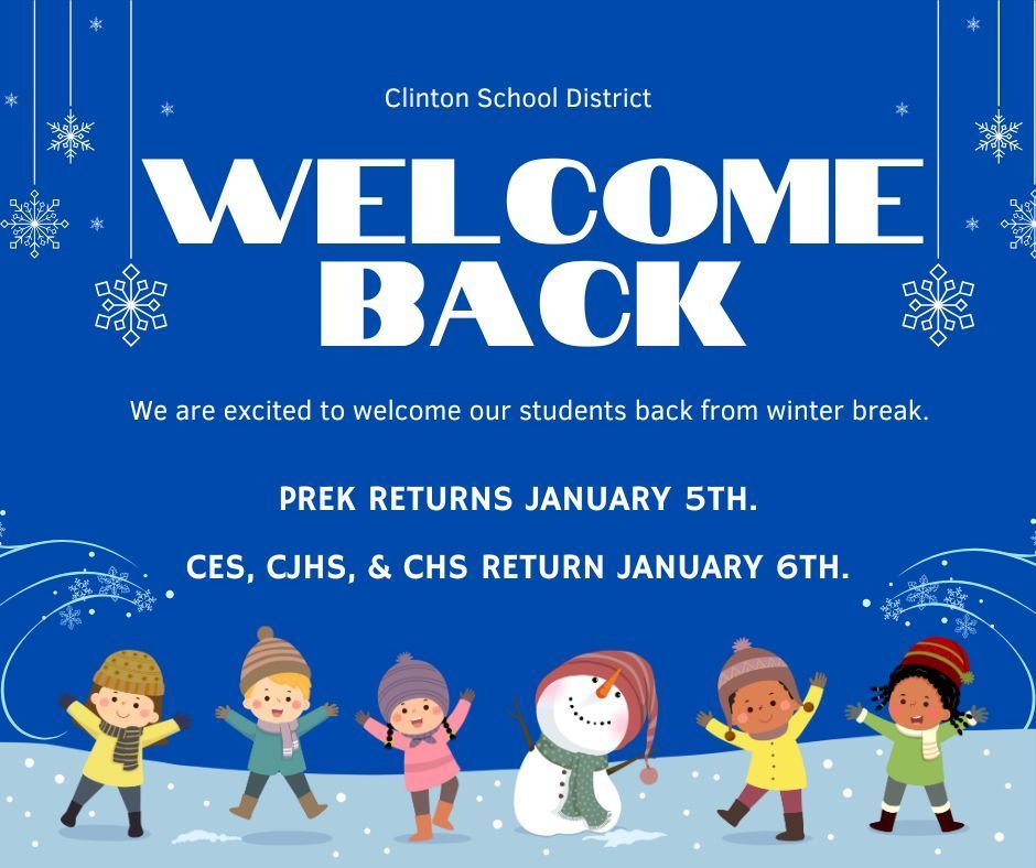welcome back from winter break blue with snowflakes and kids playing in the snow