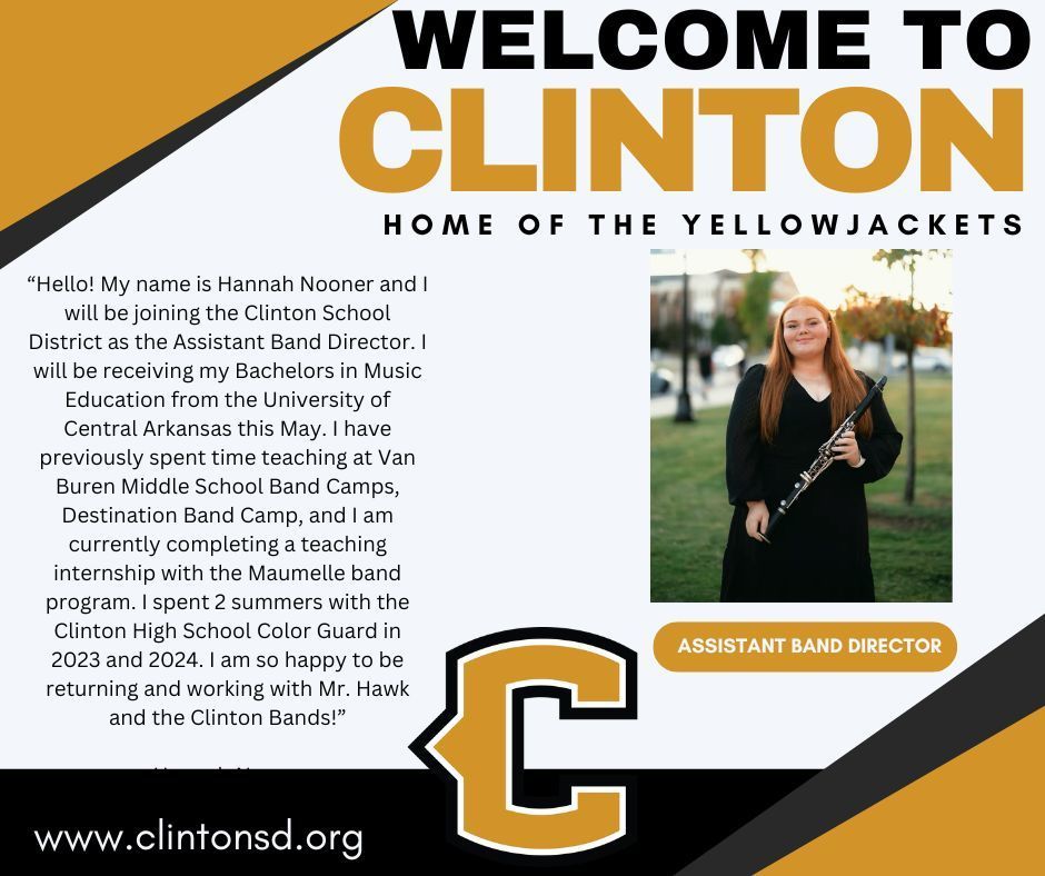 welcome to clinton graphic with a woman holding a band instrument