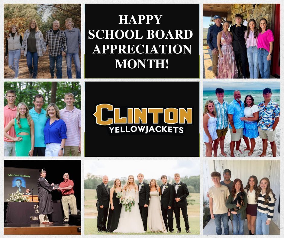 school board appreciation month graphic with 7 family pictures