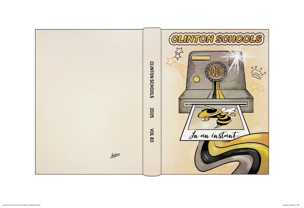 yearbook cover with a yellowjacket and a polaroid camera