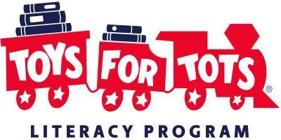 toys for tots logo a toy train with books on it
