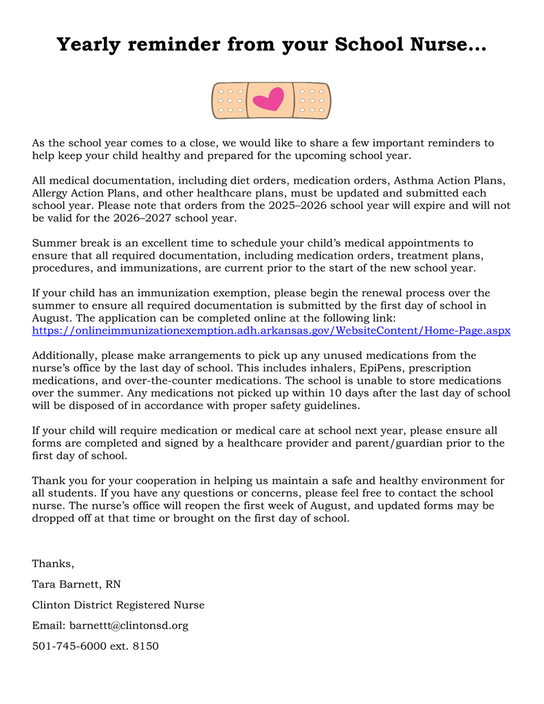 letter on medical information for the next school year