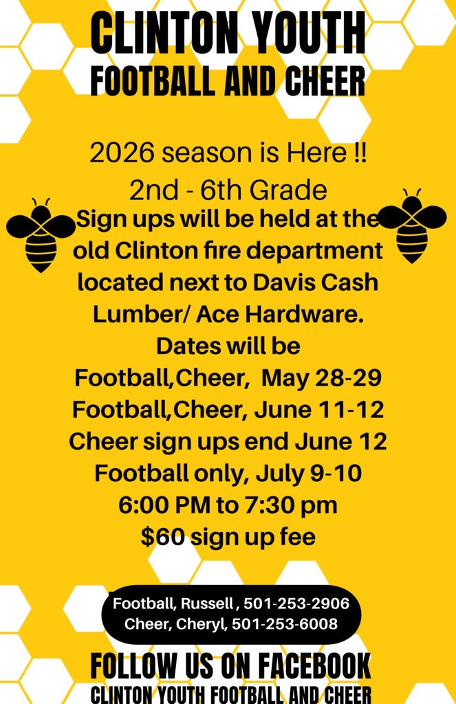 clinton youth football and cheer flyer with honeycombs and bees