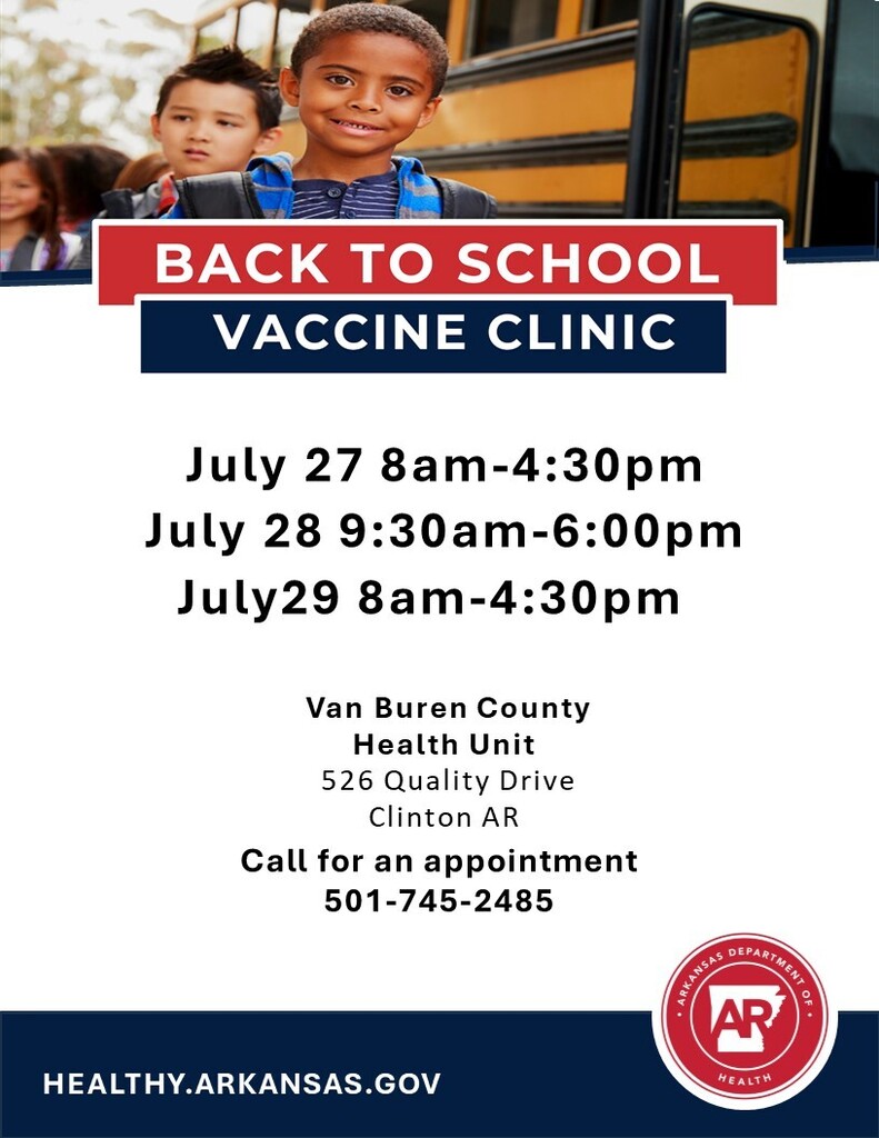 back to school vaccine flyer with kids standing by a bus