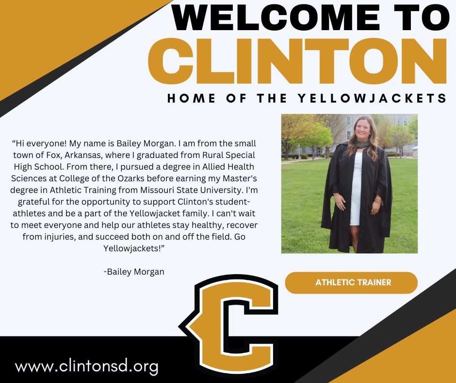 welcome to clinton graphic with a woman wearing a graduation robe
