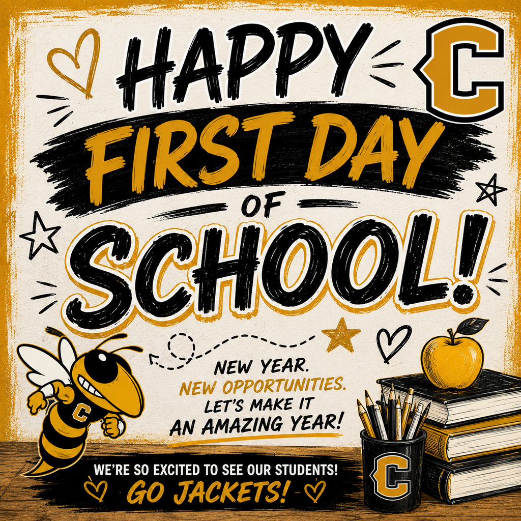happy first day of school message with a yellowjacket and books