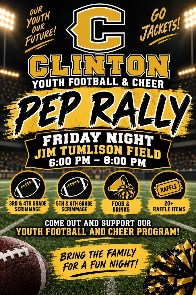 clinton youth football pep rally graphic looks like a football field and has a football and poms