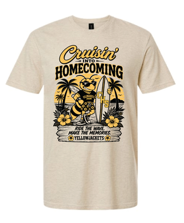 homecoming tshirt with a yellowjacket holding  a surf board