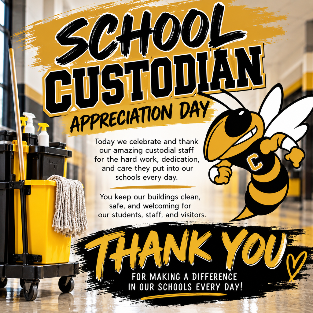 School custodian appreciation day graphic with a mop bucket and a yellowjacket