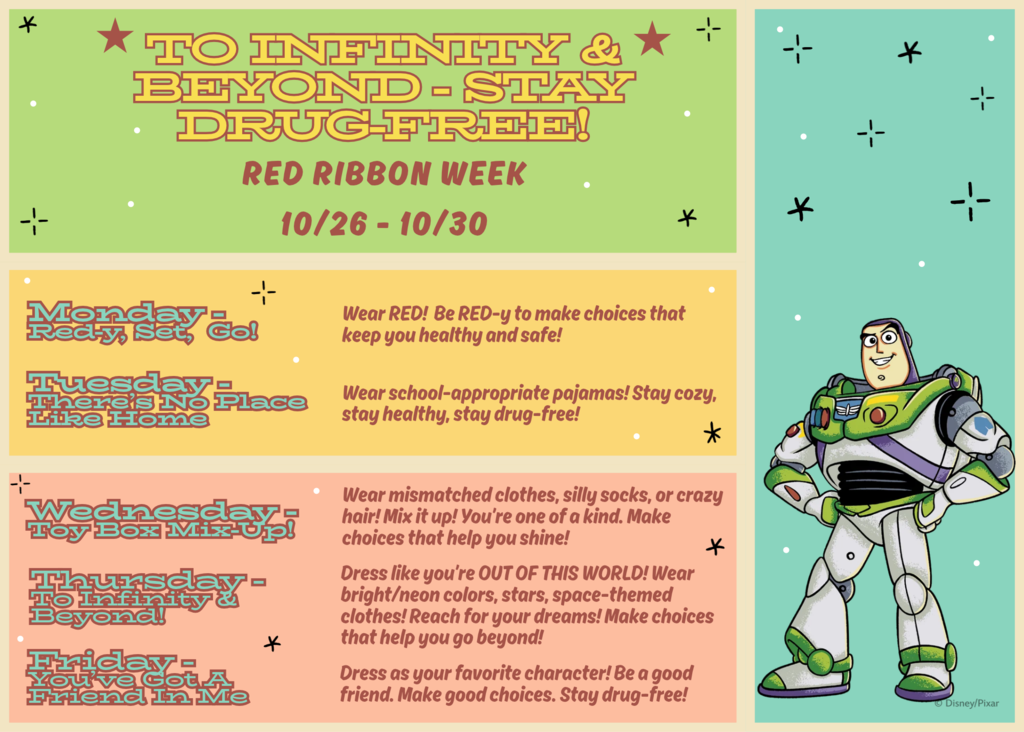 red ribbon day graphic with buzz lightyear