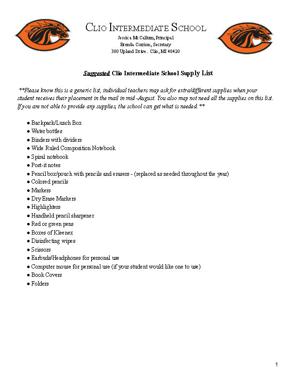 Clio Intermediate School Supply List
