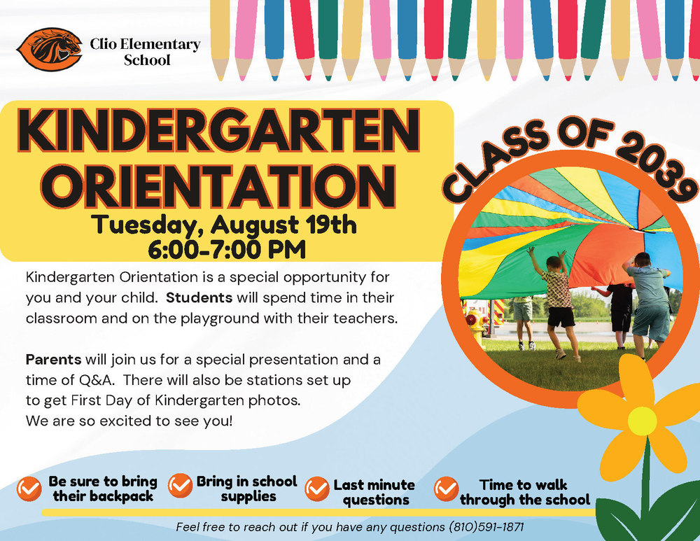 Kindergarten Orientation Tuesday, August 19th at 6:00 pm