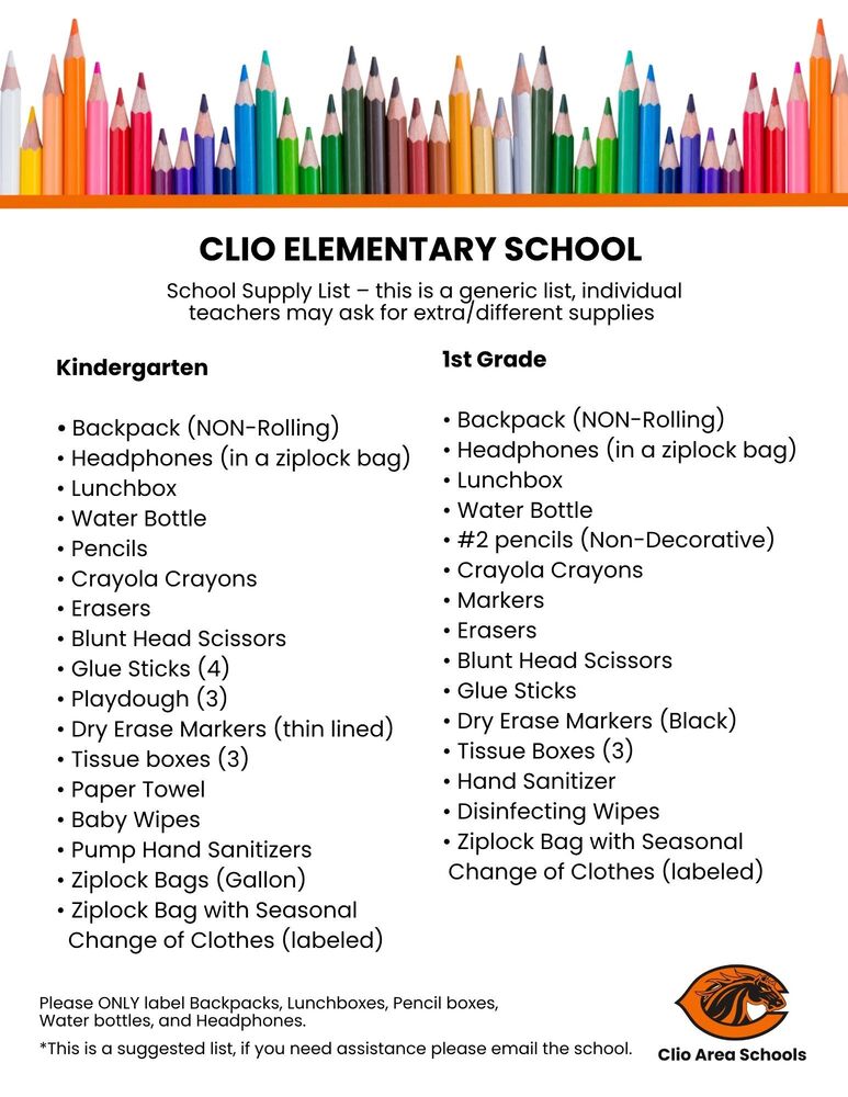 CLIO ELEMENTARY SCHOOL – School Supply List