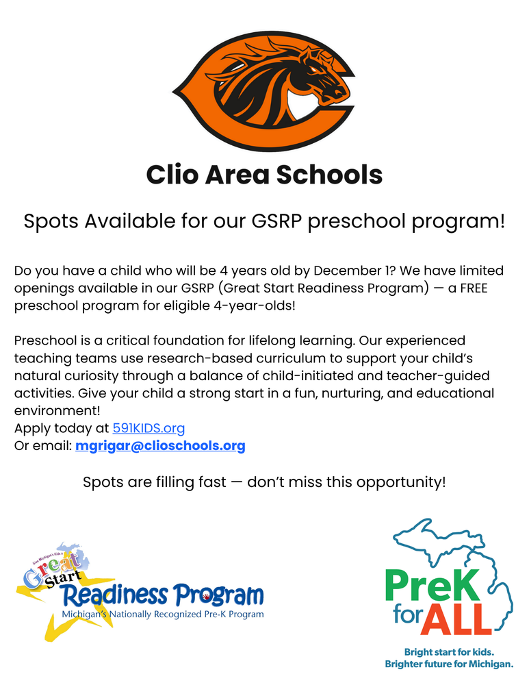 CAS Spots Available for our GSRP Preschool Program