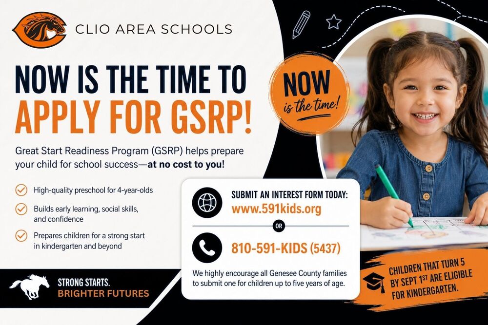 Parent-Facing Post / District Email 🌟 Give Your Child a Great Start! GSRP Enrollment is Open  Do you have a child who is 4 years old?  Now is the perfect time to apply for the Great Start Readiness Program (GSRP)—a high-quality preschool program designed to prepare children for kindergarten and future success.  If your child is eligible, don't wait! We still have openings available.  📍 Submit your interest form today: 🌐 www.591kids.org 📞 810-591-KIDS (5437)  We encourage all Genesee County families with children up to age 5 to complete an interest form.  Important Reminder: Children who turn 5 years old by September 1 are eligible to attend kindergarten this fall.  Help us spread the word by sharing this post with family and friends who may have a preschool-aged child!