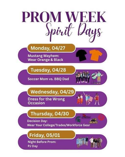 Graphic titled “Prom Week Spirit Days” listing daily themes for the week. Includes Monday through Friday activities such as wearing orange and black, themed dress days, and pajama day. Colorful design with icons representing each theme.