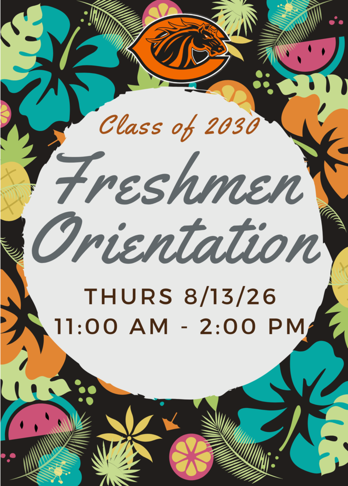 Colorful tropical-themed Clio High School graphic announcing Freshmen Orientation for the Class of 2030. The event will take place on Thursday, August 13, 2026, from 11:00 AM to 2:00 PM. The graphic features the Clio Mustangs logo with tropical leaves and fruit designs around the border.
