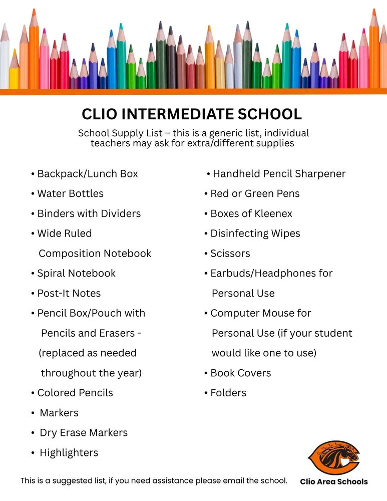 CLIO INTERMEDIATE SCHOOL  School Supply List