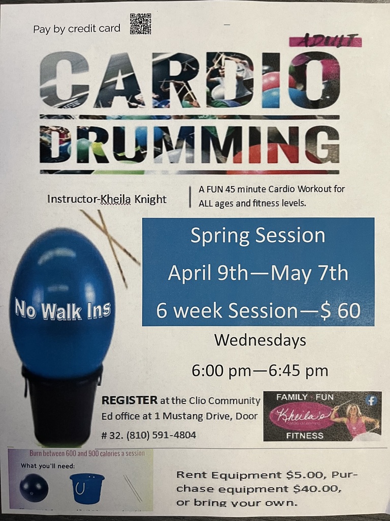 Cardio Drumming Spring Session - April 9th to May 7th, 6-6:45pm on Wed nights at Clio High School Cafeteria. Call 810-591-4804 for more information and registration