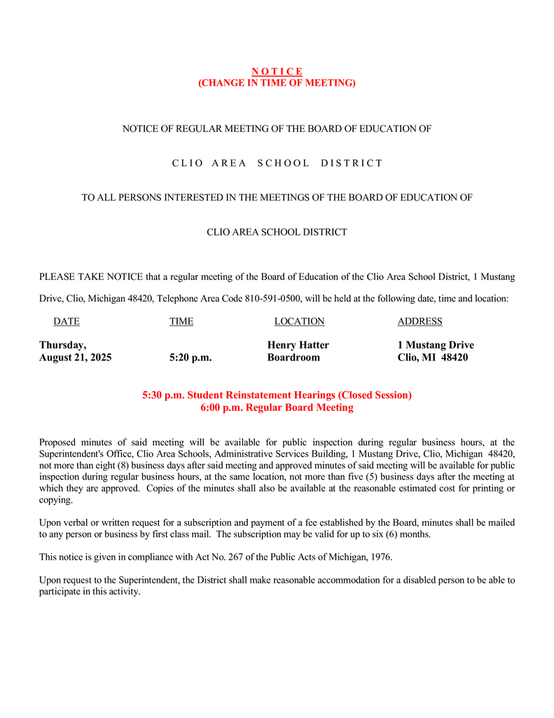 Board Meeting Time Change