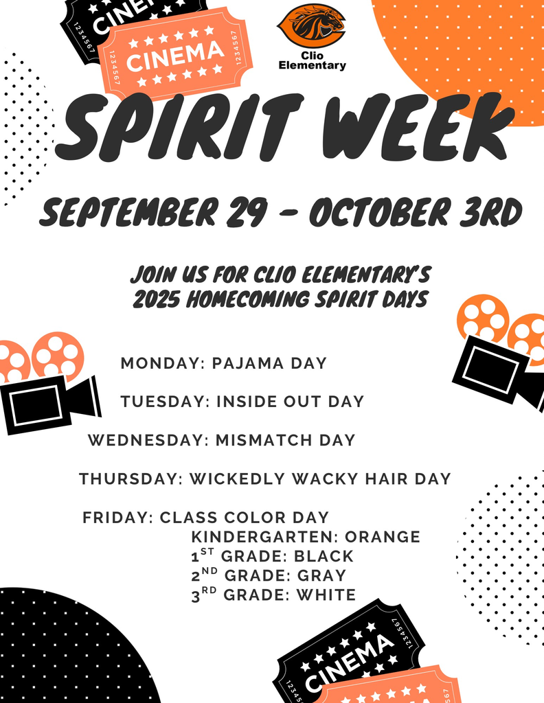 Monday - Pajama Day, Tuesday - Inside Out Day, Wednesday - Mismatch Day, Thursday - Wickedly Wacky Hair Day, Friday - Class Color Day (Kindergarten - Orange, 1st Grade - Black, 2nd Grade - Grey, 3rd Grade - White)