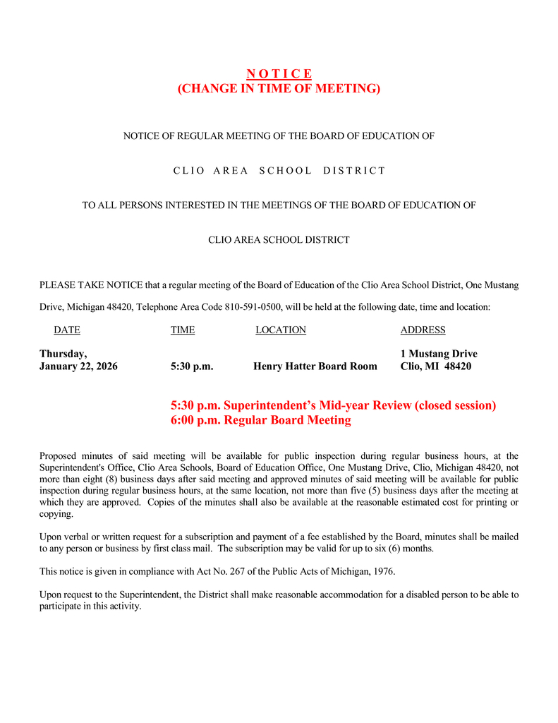 Board Meeting Time Change