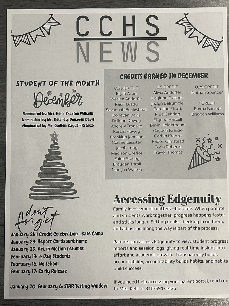 December Students of the Month, Don't Forget dates, Credits Earned, and information on accessing edgenuity