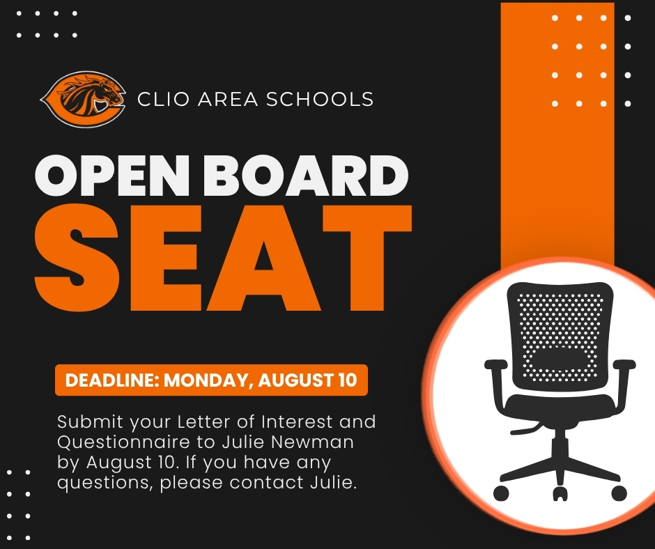 🌟 **Board Seat Vacancy – We Want to Hear From You!** 🌟  Are you interested in serving our community? We currently have a **vacant Board seat** and are seeking individuals who are passionate about making a difference.  📅 **Deadline:** Monday, **August 10** 📝 **Letters of Interest and Questionnaires** are due to **Julie Newman** by this date.  If you have questions about the position or the application process, please don't hesitate to contact Julie. We encourage anyone interested in serving our district and community to apply!  Thank you for your interest in supporting our schools!