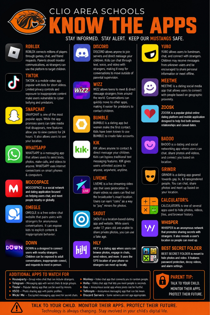 #ClioSchools #MustangStrong #DigitalSafety #OnlineSafety #InternetSafety #ProtectOurMustangs #ParentResources