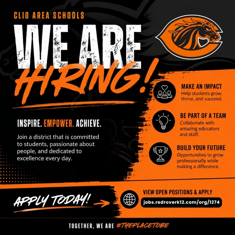 📣 Join the Clio Area Schools Team!  Clio Area Schools is currently hiring for several coaching, support staff, paraprofessional, substitute, and student success positions.  Current openings include:  • Freshman Volleyball Coach • Elementary Behavior Specialist • Elementary Math Intervention Paraprofessional • Middle School Student Success Liaison • High School Student Success Coordinator • Premier Substitute — Kindergarten through 5th Grade • Premier Substitute — 6th through 12th Grade  We are looking for dedicated, dependable, and student-focused individuals who want to make a meaningful difference in our schools and community.  Explore current openings and apply today: https://jobs.redroverk12.com/org/1274  Know someone who would be a great addition to the Mustang family? Please share this post or tag them below!  #ClioAreaSchools #NowHiring #JoinOurTeam #MustangPride #ThePlaceToBe