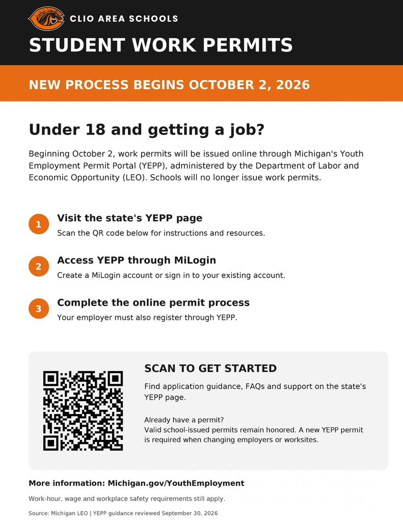 CLIO AREA SCHOOLS STUDENT WORK PERMITS NEW PROCESS BEGINS OCTOBER 2, 2026 Under 18 and getting a job? Beginning October 2, work permits will be issued online through Michigan's Youth Employment Permit Portal (YEPP), administered by the Department of Labor and Economic Opportunity (LEO). Schools will no longer issue work permits. Visit the state's YEPP page Scan the QR code below for instructions and resources. 2 Access YEPP through MiLogin Create a MiLogin account or sign in to your existing account. Complete the online permit process Your employer must also register through YEPP. SCAN TO GET STARTED Find application guidance, FAQs and support on the state's YEPP page. Already have a permit? Valid school-issued permits remain honored. A new YEPP permit is required when changing employers or worksites. More information: Michigan.gov/YouthEmployment Work-hour, wage and workplace safety requirements still apply. Source: Michigan LEO | YEPP guidance reviewed September 30, 2026
