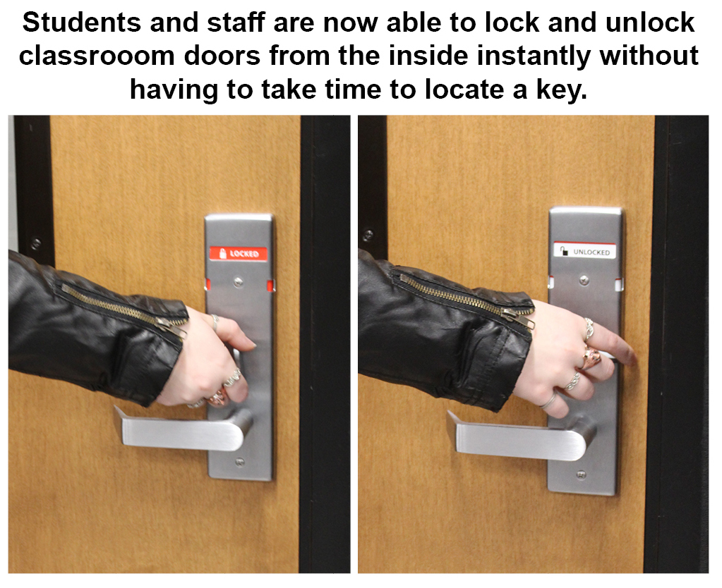 Side by side photos of new door locks in locked and unlocked positions