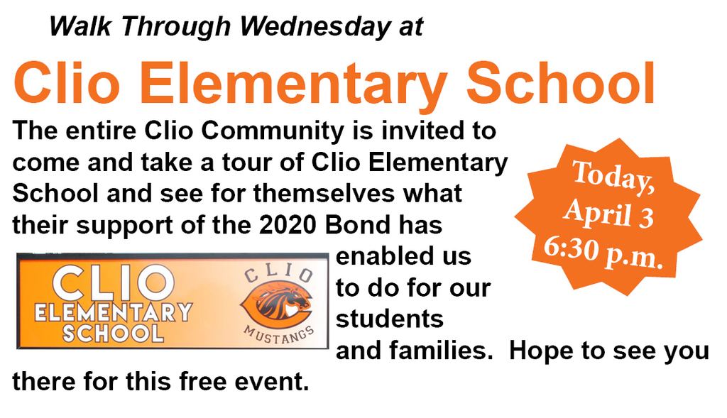 Walk through WEdnesday at Clio Elementary at 6:30 p.m. April 3.