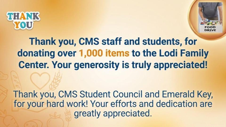 Thank you CMS staff and students donation more than 1,000 items to the Lodi Family Center.