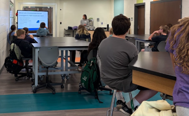 Project Lead the Way students listening to a speaker from the Medina County Health Department