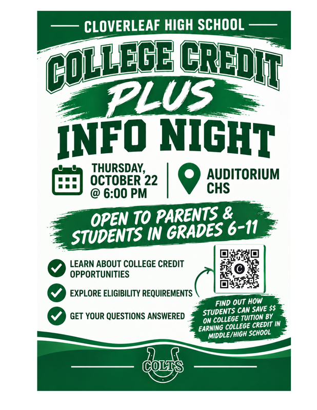 College Credit Plus Info Night Thursday, Oct. 22 at 6 p.m. in the CHS Auditorium