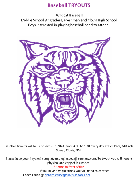 WILDCAT BASEBALL TRYOUTS FOR BOYS IN 8TH–12TH GRADES! | Clovis 