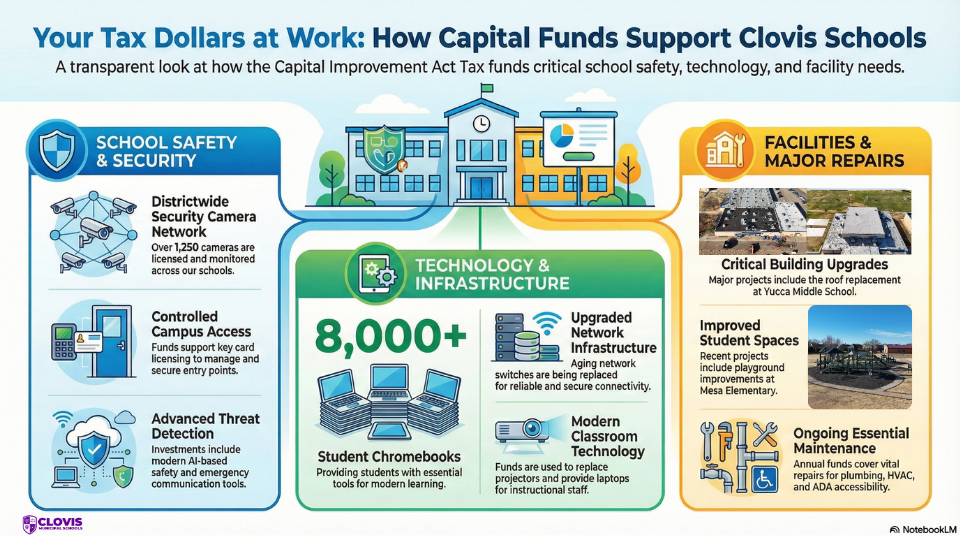 Your tax dollars at work infographic showing how Capital Improvement Act Funds are used district wide. 