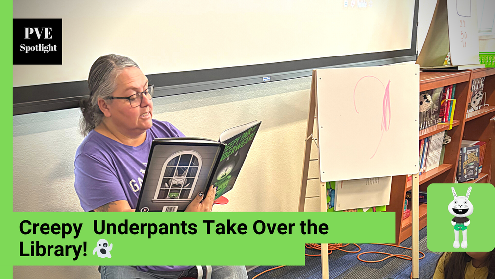 Librarian reading to students. Creepy Underpants Take Over the Library