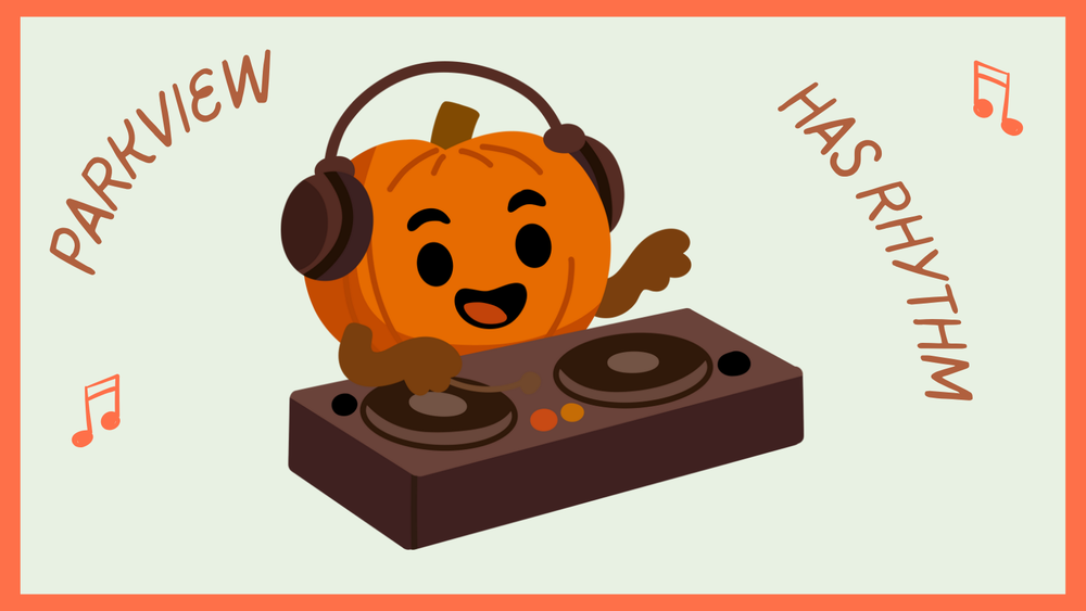 Pumpkin with headphones and DeeJaying. Parkview has  rhthym