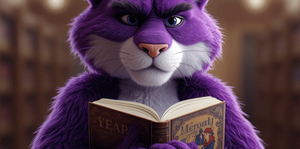 Purple Wildcat Holding a yearbookj