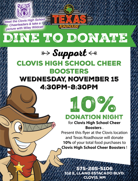 ​HAVE DINNER AT TEXAS ROADHOUSE NOVEMBER 15 TO SUPPORT THE WILDCAT CHEERLEADERS!