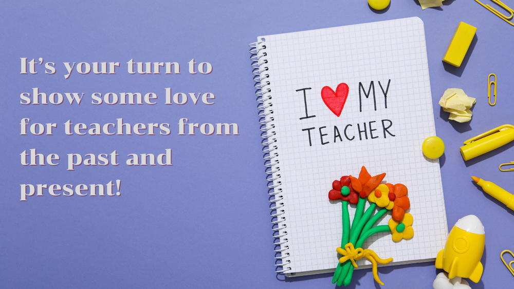 A spiral notebook with I love my teacher. There are flowers made from clay and other school supplies.