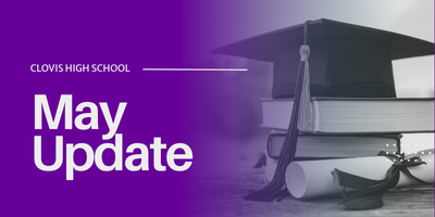 May update. Purple banner with grad cap and books
