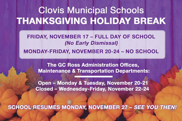 HOLIDAY SCHEDULE – THANKSGIVING BREAK NEXT WEEK!