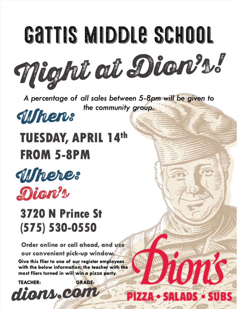 GMS night at Dion's Tuesday April 14 from 5-8 PM