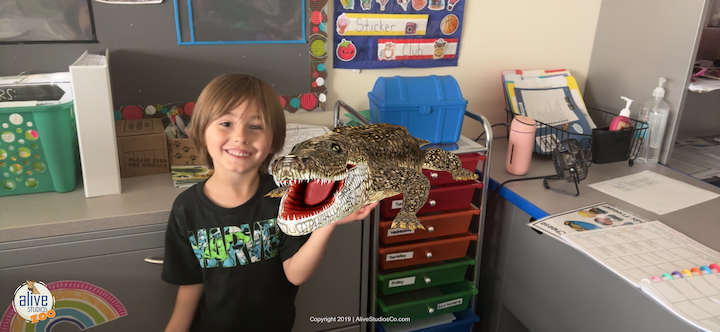 A young students holds up an image of an alligator.