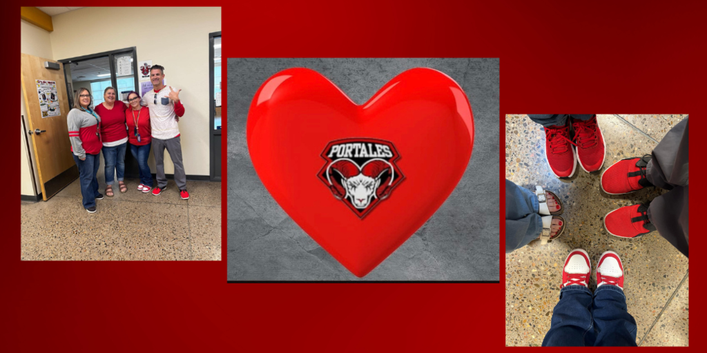 4 teachers at Highland, Portales Rams in heart, and red shoes in 3 photos