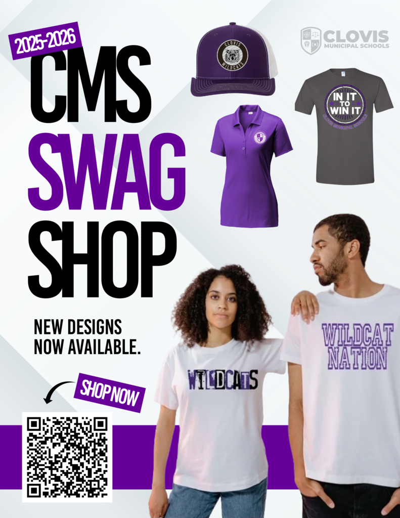CMS Swag shop flyer featuring new tshirt and hat designs and a QR to shop